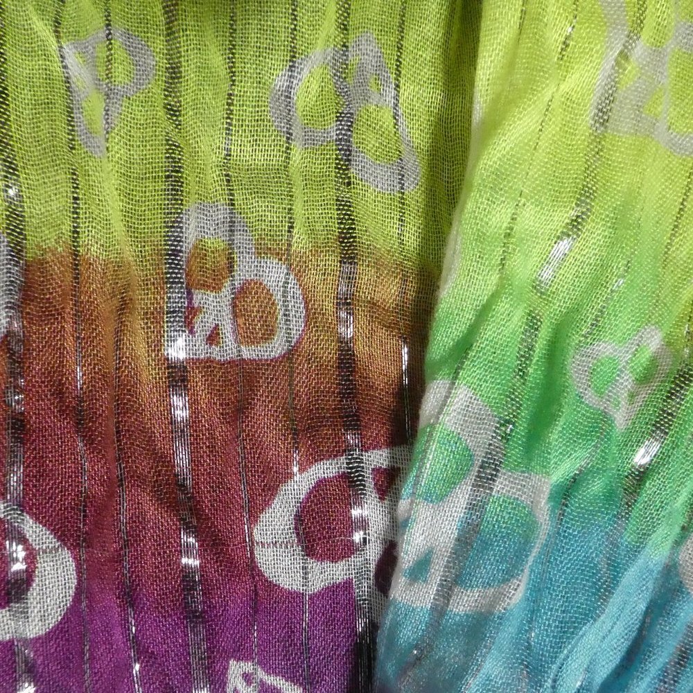 Lightweight Scarf, tie dye look with shiny silver stripes and fringed ends, EUC